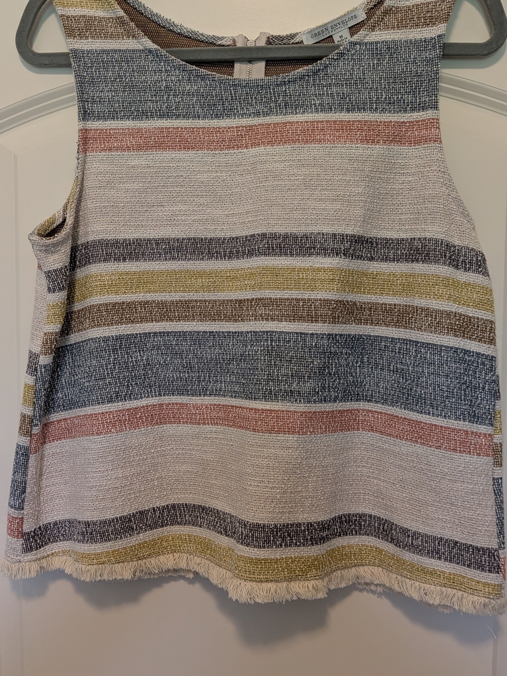 Green Envelope Striped Fringe Hem Cotton-Blend Skirt in Multi